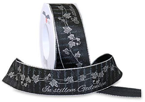 PRÄSENT REMEMBER Trauerband mit Drahtkante schwarz, 20 m Psalmband zum Verzieren & Basteln, 40 mm Breite, leicht biegsames Schleifenband, für festliche Dekos zu besonderen Anlässen, 11 x 11 x 4.8 cm