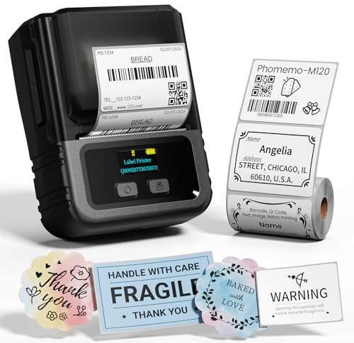 Phomemo M120 Etikettendrucker Bluetooth mit Etiketten, Barcode Drucker Beschriftungsgerät Thermoetikettierer Druckgröße 20-50 mm Kompatibel mit iOS und Android für Heim, Büro
