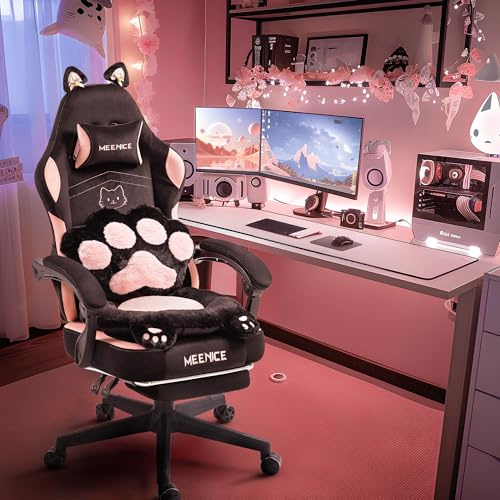 Meenice Pink Cute Katze Gaming Stuhl Stoff mit Katzenpfote Lendenkissen und Katzenohren, Rosa Gaming Stuhl mit Fußstütze Ergonomischer Pc Stuhl für Kinder Erwachsener 140kg Belastbarkeit, Schwarz Rosa