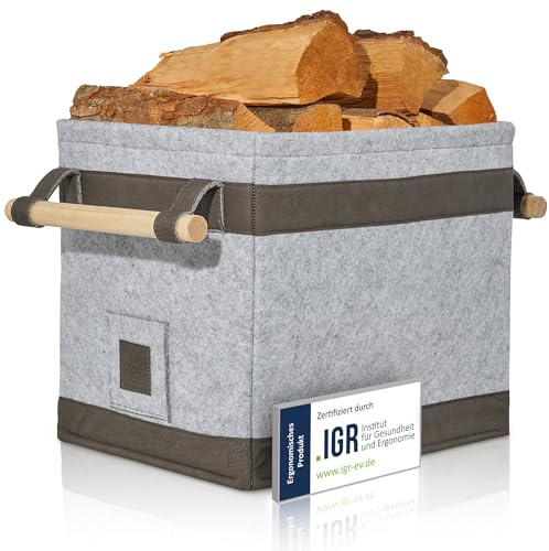 OAKAGE® Holzkorb für Kaminholz Groß [Schmutzabweisendes Innenfutter und Lederboden] Kaminholzkorb Feuerholzkorb Brennholzkorb Kaminkorb Filzkorb | Korb Hellgrau