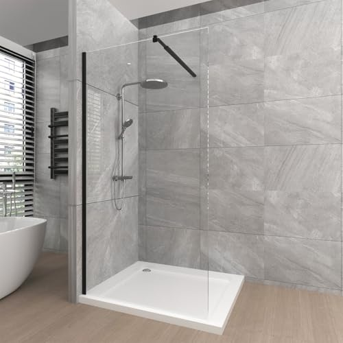 T&K Walk in Duschwand 90x190 cm Schwarz, Walk-In Dusche Duschtrennwand Glas, 8 mm gehärtetes Sicherheitsglas beidseitig leicht zu reinigen, Mit einziehbarem Stützbalken