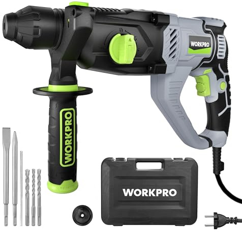 WORKPRO Bohrhammer SDS-Plus 1050W, Abbruchhammer Betonhammer Bohrmaschine 3 Joule, Variable Geschwindigkeit, 360° verstellbarer Griff, Mit Zubehör, Meißel & Koffer, 1150 R/Min, 5100BPM, Im Beton 26mm