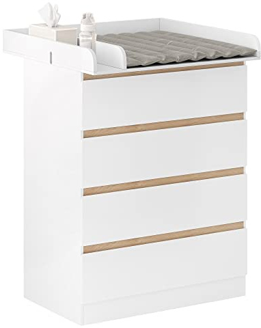 WOLTU Wickelkommode mit abnehmbarem Wickelaufsatz, Wickeltisch Baby, Wickelregal, Kommode mit 4 Schubladen, Höhe 110 cm, Weiß