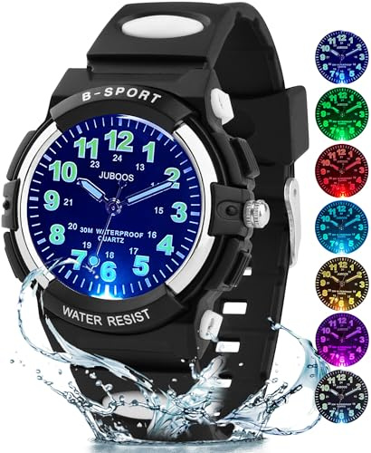 Juboos Kinderuhren Jungen Mädchen Analog Quarz 7 Farben 30M wasserdicht | Das flexible Kautschukarmband ist angenehm zu tragen und bestens für Outdoor und Sport von 5 bis 16 Jahren geeignet