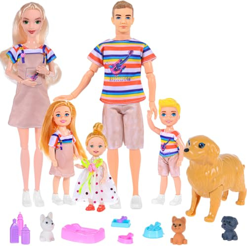 ebuddy Familie Puppen Set von 6 Personen mit Puppenhaus Hund Haustiere und Zubehör enthalten 11.5 Zoll Schwangere Mama, Papa, 3 Kinder und EIN Baby in Mamas Bauch für 3-12 Jahre Kleinkinder Geschenk