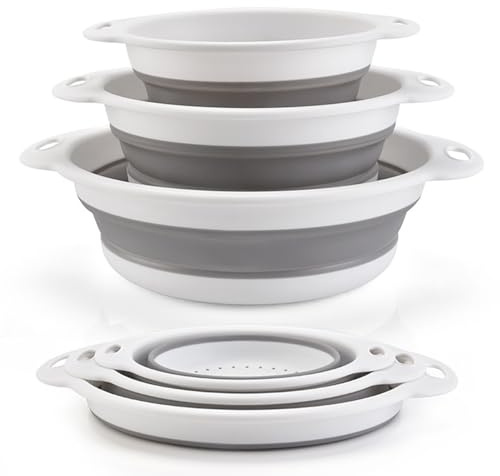 Surwin 3 Stück Faltbares Silikon Sieb Set, Küche Silikon Klappbar Abtropfsieb Nudelsieb Set, Silikonfilterkörbe Camping, Küchenutensilien zum Abtropfen von Nudeln, Gemüse, Obst-Weiß