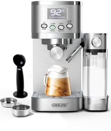 CAFELFFE 6-in-1-Espressomaschine, Siebträgermaschine mit Milchtank, Automatische Cappuccinomaschine mit Selbstreinigung und 3 Temperaturoptionen, 1,3 l Edelstahl