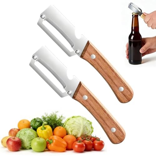 2 Stück-Pack Multifunktionaler Küchenschäler,Gemüseschäler aus Edelstahl,3-in-1-Obst und Gemüseschäler mit Flaschenöffner, Holzgriff,Obstschäler für Gurken, Tomaten, Karotten, Kürbis
