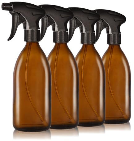 Oputec 4 x 500ml Braunglas-Sprühflaschen zum Befüllen mit ergonomischem Sprühkopf – Hochwertige, nachfüllbare Glas-Wassersprühflaschen für Pflanzen, Blumen, Reinigungsmittel, Haushalt & Haarpflege