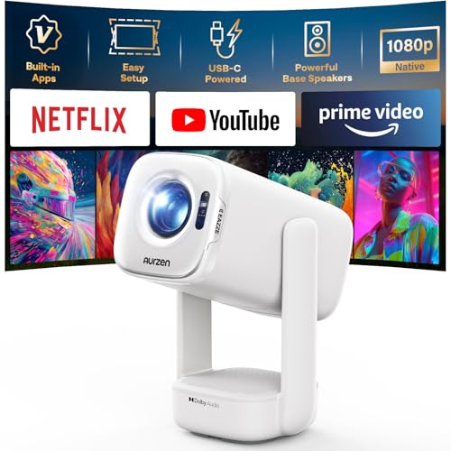 Aurzen D1 air Smart Beamer mit Netflix, 16W Dolby Audio, Beamer Outdoor 1080P mit HDR10 & 4K-Unterstützung, 180° Drehbar Mini Tragbarer Projektor mit USB-C PD, TOF-Autofokus, Trapezkorrektur, Weiß