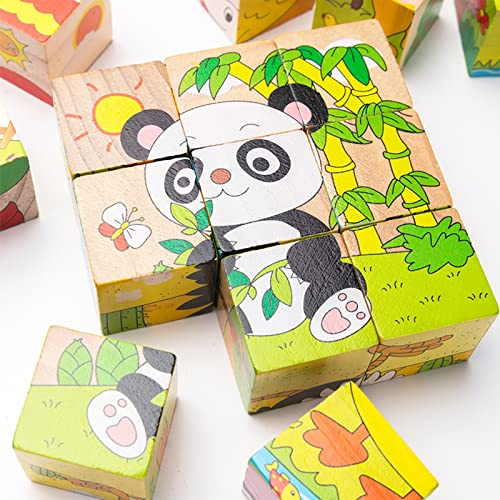 OFKPO 6-in-1 Bilderwürfel-Puzzle aus Holz, 3D-Würfelpuzzle, bunte Montessori-Lernspielzeug für Vorschule und Kindergarten