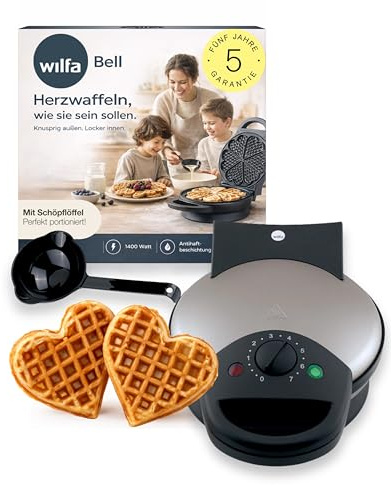 Wilfa BELL Waffeleisen I 1400W Power & 21 cm XXL Herzwaffel I Herzwaffeleisen mit 7 Bräunungsstufen, Signalton & doppelte Antihaftbeschichtung I Schnelles Aufheizen & gleichmäßige Bräune