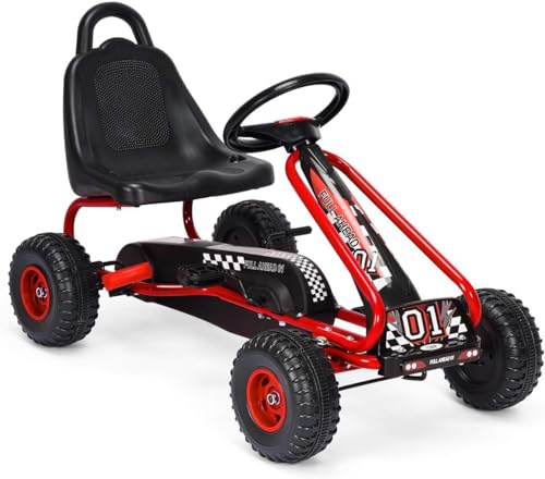RELAX4LIFE Kinder Gokart mit Handbremse & verstellbarem Sitz, Tretauto mit hohem Sicherheitstandard, Kinderfahrzeug bis 30 kg belastbar, vor- & rückwärts, Tretfahrzeug für 3-6 Jahren Kinder, rot