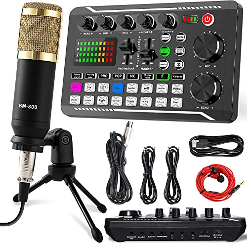ALLWIN Podcast Mikrofon Set, USB Nieren Kondensator Mikrofon, Audio Mixer Set mit Soundkarte für Streaming/Podcasting/Aufnahme, geeignet für PC/Laptop/Telefon/Pad