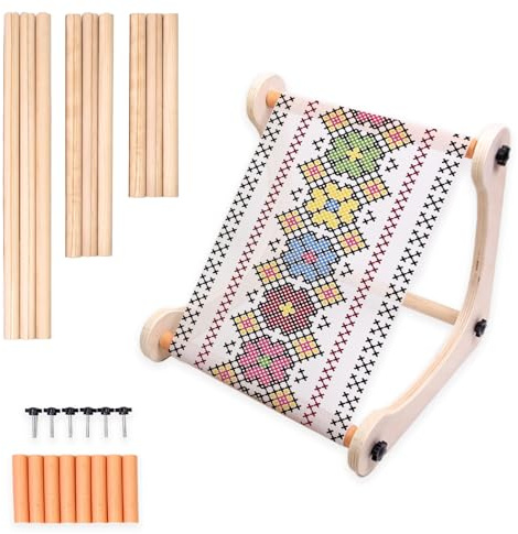 Yallmie Verstellbarer Stickständer, 360° Drehbar Stickrahmenhalter mit 8 Rutschfeste Klammern und 2 Holzstangen, Holz Stickrahmen Halterung Stickrahmenständer