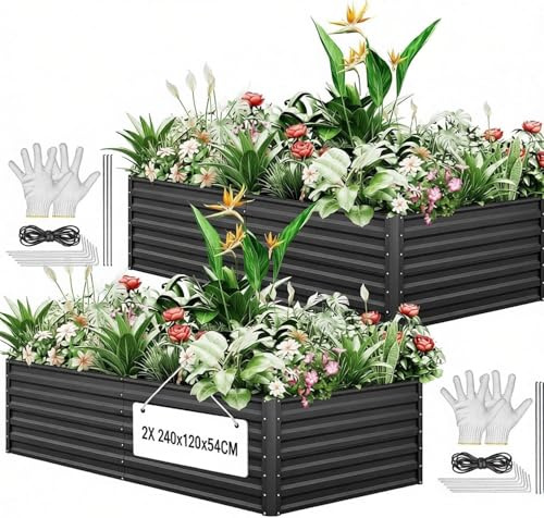 YITAHOME 2er-Set Hochbeet Metall 240x120x58cm, Hochbeete-Kit aus Verdicktem Zink-Aluminium-Magnesium-Edelstahl-Metall Hochbeete für Garten mit Stützstange & Handschuhe für Gemüse, Blumen (Schwarz)