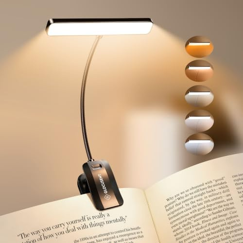 Glocusent Leselampe Buch Klemme 26 LEDs, Buchlampe mit Größere Lichtquelle | Wiederaufladbares Leselicht mit 5 Farben & Stufenlose Helligkeit, USB-C Lange Laufzeit, 360° Flexibel für Nachtlesen ins Bett