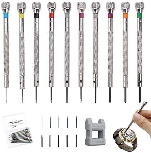 10-teiliges Uhrmacher Schraubendreher Set mit Entmagnetisierer | Schlitz 0,6-1,6 mm und Kreuz 1,4-2,0 mm mit Ersatzspitzen für Uhren, Brillen und Feinmechanik.