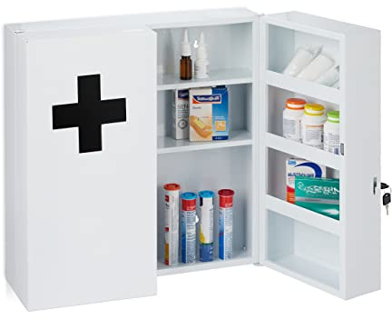 Relaxdays Medizinschrank XXL, abschließbar, 11 Fächer, Stahl, weiß/schearz | HBT: 53,5x53x19 cm, Arzneischrank 2-türig
