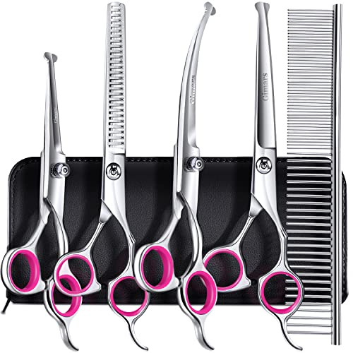 Gimars Professionele 4CR Roestvrij Staal 6 in 1 Verzorgingsschaar voor Honden met Veiligheids Rond Uiteinde, Zware Titanium Gecoate Verzorgingsschaar voor Honden, Katten en Andere Dieren PINK