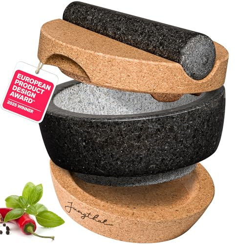 JUNGTHAL Mörser mit Stößel im Set | Granit + Kork in prämiertem Design | Natürlich, edel und 100% rutschfest | Ø 16 cm groß | Steinmörser für Kräuter und Gewürze | Mortar & Pestle