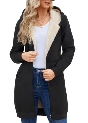 Nadeer Damen Mantel Lang Fleecejacke mit Kapuze | Warme Gefütterte Teddyfleece, Doppelfunktion‑Reißverschluss, Sweatjacke mit Taschen für Herbst Winter