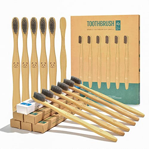 12 Stück umweltfreundliche Zahnbürste mit Holzkohle aus natürlichem Bambus | Biologisch abbaubare Zahnbürste mit weichen Borsten (12er Pack)