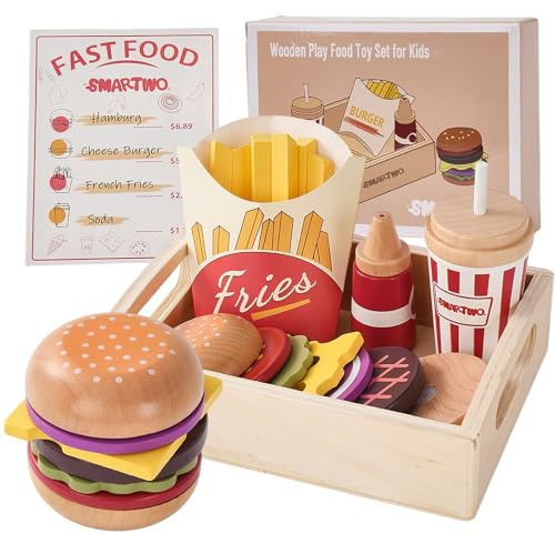 Smartwo Kinderküche Zubehör Holz, Spielküche Hamburger Holzspielzeug, Küchenzubehör Lebensmittel Spielzeug Fast Food Set, Küchenspielzeug Essen für Rollenspiele, Geschenk ab 3 Jahre