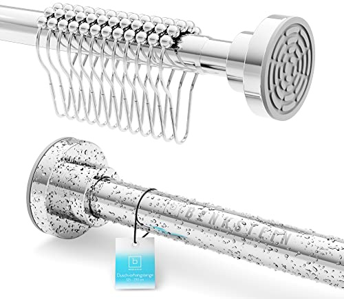 Benkstein® ausziehbare Duschstange ohne Bohren 125-230 cm - Edelstahl Duschvorhangstange 12 Ringe - Teleskop Klemmstange stabil Vorhangstange ohne bohren Duschstange Duschvorhangstange ohne bohren