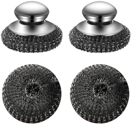 Edelstahl Wäscher Topfkratzer, 2 Stück Stahlwolle Schrubber, Reinigungsbürste mit Griff und 2 Ersatzdrahtbällen zum Reinigen von Geschirr, Suppentöpfen aus Gusseisen, Pfannen, Grillplatten und Grills