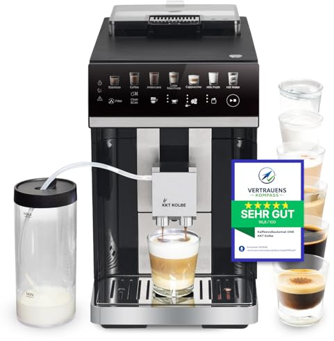KKT KOLBE One Kaffeevollautomat mit Milchbehälter, Milchschaumdüse und Zubehör, 2 Tassen Funktion, 15 Bar, 7-stufiges Mahlwerk, Touchscreen, Automatische Reinigung, 7 Getränke, schwarz silber