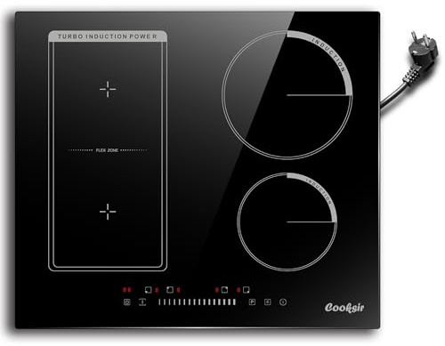 Cooksir Einbau 60 cm Induktionskochfeld 4 Platten mit Flexzone 3500W | kochfeld 230v mit stecker 4 zone, Kombizone für Grill, Slider-Touch-Steuerung, Schwarze Keramikglasplatte, 16A Steckerdose