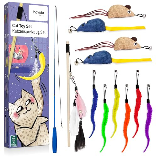 Inovida Katzenspielzeug Set : XL 15 Teile Katzenspielzeug mit Katzenminze – Veganes Spielzeug für Katzen mit Katzenangel, Federn, Maus, Würmern – Kitten Spielzeug Set Katzen Gadgets
