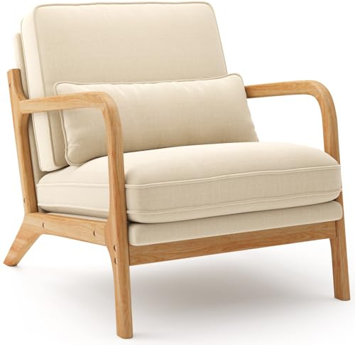Blishom Lounge-Sessel, Lounge-Stuhl mit Armlehnen&Holzrahmen, Moderner Polstersessel für Wohnzimmer, Schlafzimmer, Leseecke, Büro, 82 x 65 x 75 cm, Beige