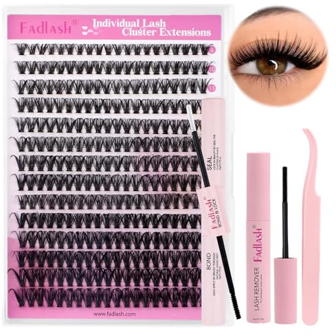 FADLASH Wimpern Extensions Set Wimpern Cluster, Wimpern Kleber Bond & Seal, Wimpern Entferner und Wimpernpinzette, Wimpern Einzeln DIY Wimpernverlängerung Set für Anfänger(40D-0.07D, 8-16mm, Kit)