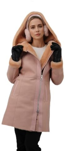 Hollert Lammfellmantel Kate Rosa Limitierte Sonderedition Damen Wintermantel Fellmantel Ledermantel mit Kapuze