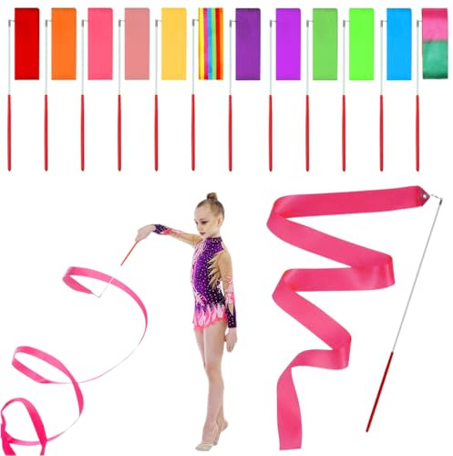 12 Stück Tanzband mit Stab Kinder,2M Gymnastikband mit Stab,Mehrere Farben | Rhythmische Sportgymnastik Band,Tanzband mit Stabs,Tanzbänder Kinder für Künstlerische Tanztraining und Baraufführung