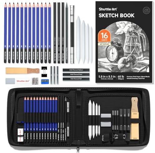 Shuttle Art 37 teiliges Zeichenset mit Zeichenblock, Federmappe, Kohlestift | professionelles Zeichenstifte Set mit Graphitstifte, Zeichenkohle und komplettem Zeichnen Zubehör für Erwachsene und Kinder
