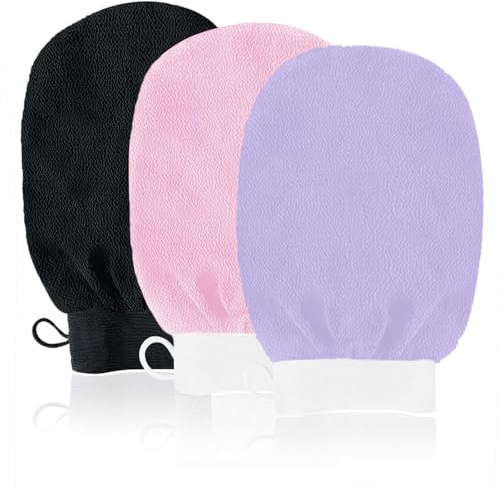 URAQT Peelinghandschuh, 3 Stück Exfoliating Gloves, Peelinghandschuh Körper, Hamam handschuh für Körper und Gesich (Schwarz＋Rosa＋Lila)