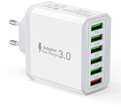 USB Ladegerät, 6-Ports Ladeadapter 33W Adapter Ladestecker mit QC 3.0 Schnellladegerät Mehrfach, USB Stecker Netzteil für iPhone 16 15 14 13 12 11 Pro Max, iPad, Handy Steckdose Charger Netzstecker