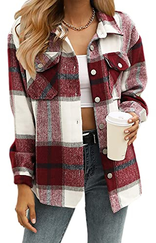 Timuspo Damen Flanell Karierte Hemdjacke Lange Ärmel Baumwolle Revers Button-Down-Bluse Shacket Mantel