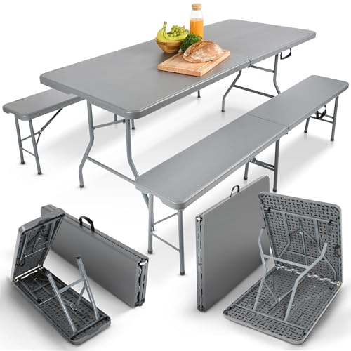 Arebos Bierzeltgarnitur 3-teilig Set Tisch + 2 x Bank | Biertisch Set | Festzeltgarnitur für drinnen - draußen | Zusammenklappbar & | Tragegriff Campingtisch | Anthrazit