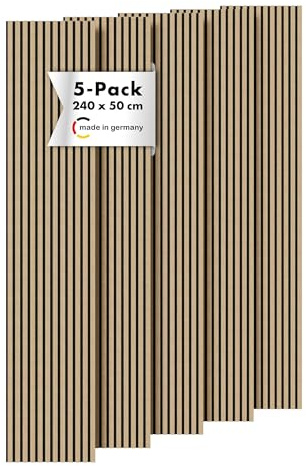 Momento 5 Stück Akustikpaneele Holz 240x50 cm - Made in Germany - Eiche Natur - Wandverkleidung Innen Wandpaneele Holzoptik - 3D Lamellenwand Paneele - Akustik Holzpaneele Wand Holzverkleidung Panel