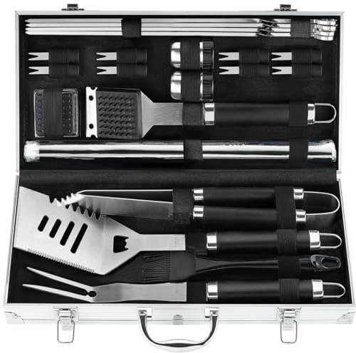 POLIGO 21PCS Grillzubehör Kit mit Grillmatte - Edelstahl Grillbesteck im Koffer Geschenke für Männer - Ideale Grillbesteck Set Geschenk für Männer und Frauen