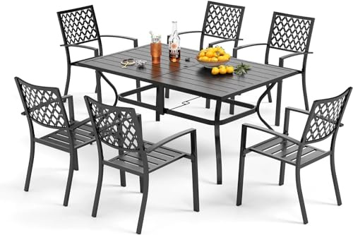PHI VILLA Gartenmöbel Sets für 6 Personen, Gartentisch und Stühle 7er Set Terrassentisch Stühle，rechteckiger Metall-Esstisch mit Schirmloch und 6 Bistrostühlen für Terrasse, Deck, Hof, Veranda