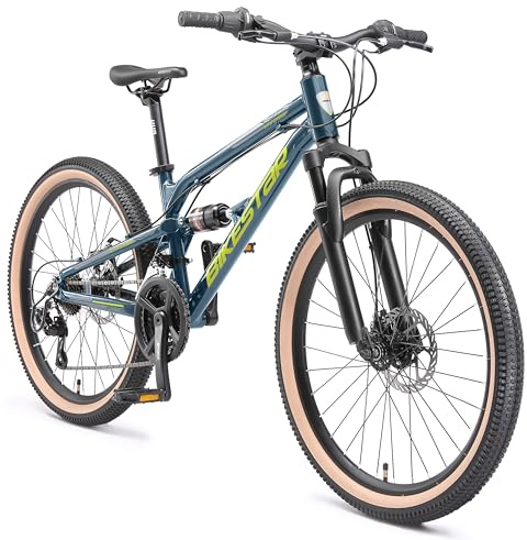 BIKESTAR Kinder Fahrrad Aluminium Fully Mountainbike 21 Gang Shimano, Scheibenbremse ab 9-14 Jahre | 24 Zoll Kinderrad Vollgefedert MTB | RISIKOFREI TESTEN