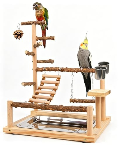 WishesMar Wellensittich Spielplatz Vogel-Spielplatz mit Feeder-Cup Spielzeug Leiter Erklimmen Schaukel und Tablett für Nymphensittich Papageien Wellensittiche, Holz, Größe 45x37x26 cm #A