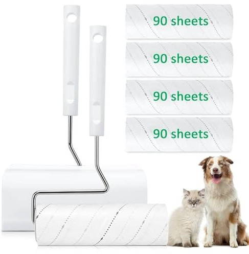 360 Blätter Fusselrolle Tierhaare, 16cm Erweiterter Fusselroller | 4 Rollen, 90 Blatt pro Rolle + 1 Abroller, für fusselrolle Kleidung, Katzenhaare, Sofa, Bett und Teppich