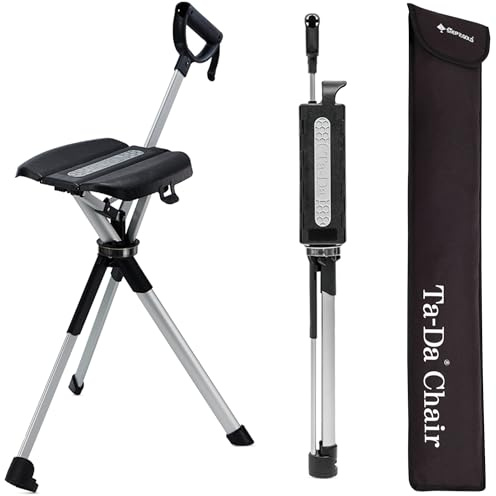 Ta-Da Chair Serie 2 - Gehstock mit Sitz, ultraleichter Aluminiumrahmen & robuster Klapphocker (bis zu 136 kg), zusammenklappbares Design, ideal für Wanderungen und Outdoor-Aktivitäten - Schwarz, 92 cm