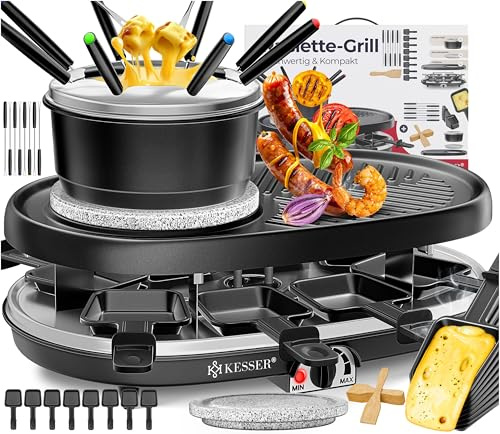 KESSER® 3in1 Raclette-Grill mit Naturgrillstein, Grillplatte und Fondue, Tischgrill für 8 Personen, Elektrogrill Raclette Grill antihaftbeschichteter Grillplatte, 8 Pfannen und Holzspatel